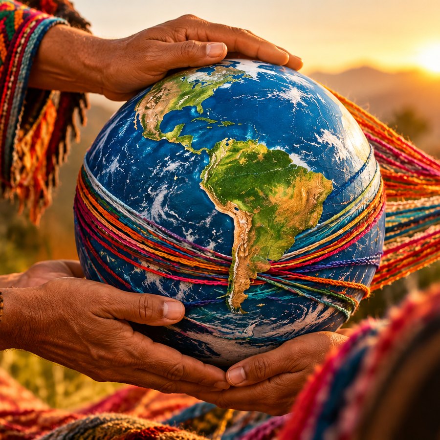 Mãos segurando o planeta Terra envolto em fios coloridos, com a América Latina em destaque